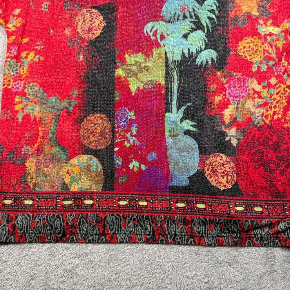 Citron Santa Monica Top Womens 0X Red Floral Asian Art Print Short Sleeve - Picture 5 of 9
